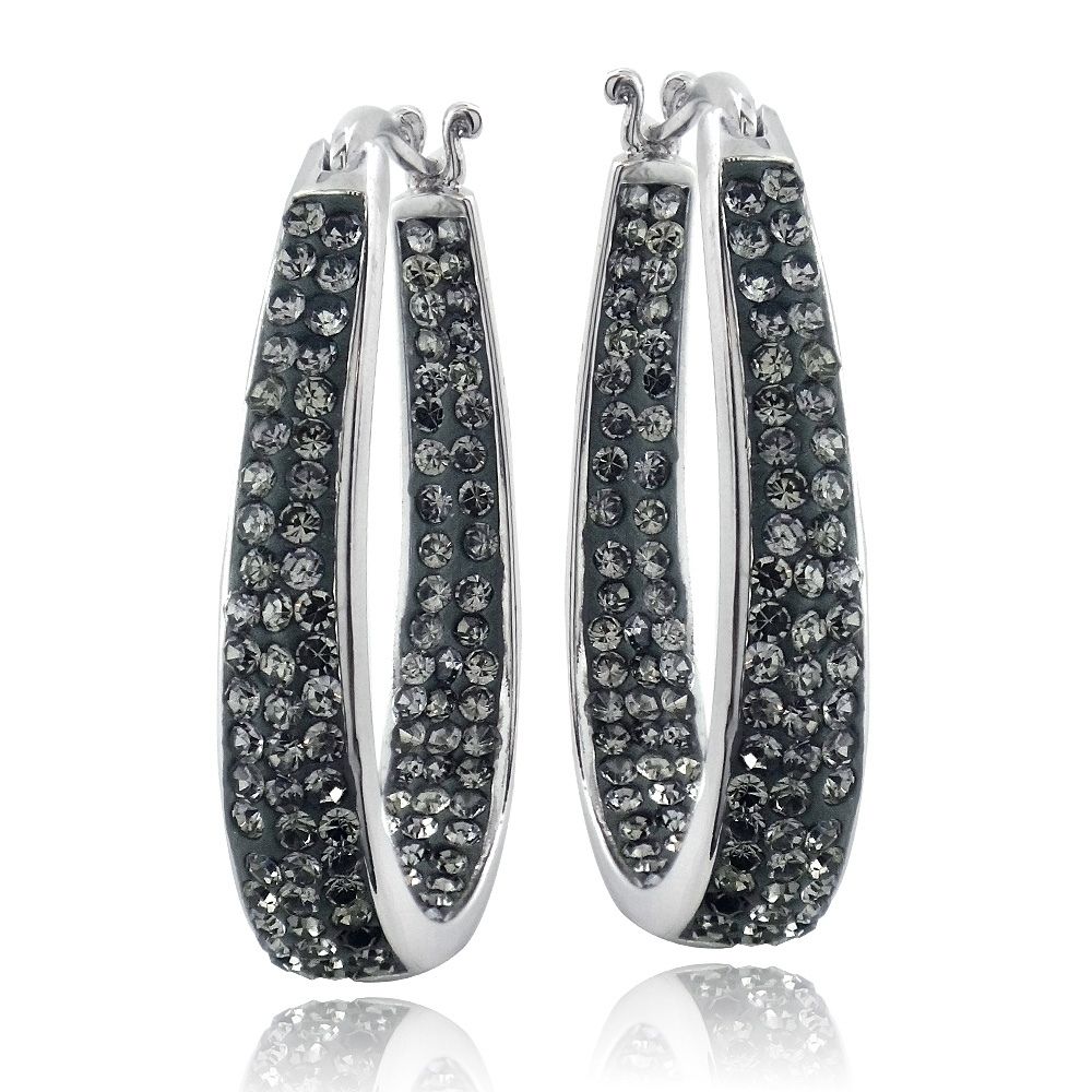 Silver Tone Gray Crystal Inside-Out Oval Hoop Earrings - Grocery