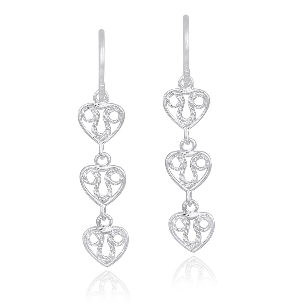 Sterling Silver 3 Filigree Hearts Dangle Earrings - Grocery