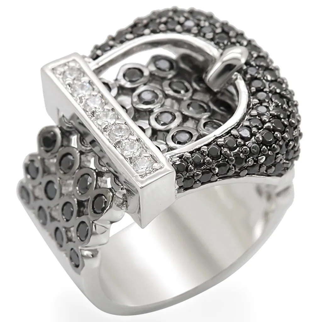 1W048 - Rhodium + Ruthenium Brass Ring with AAA Grade CZ in Black Diamond - Grocery