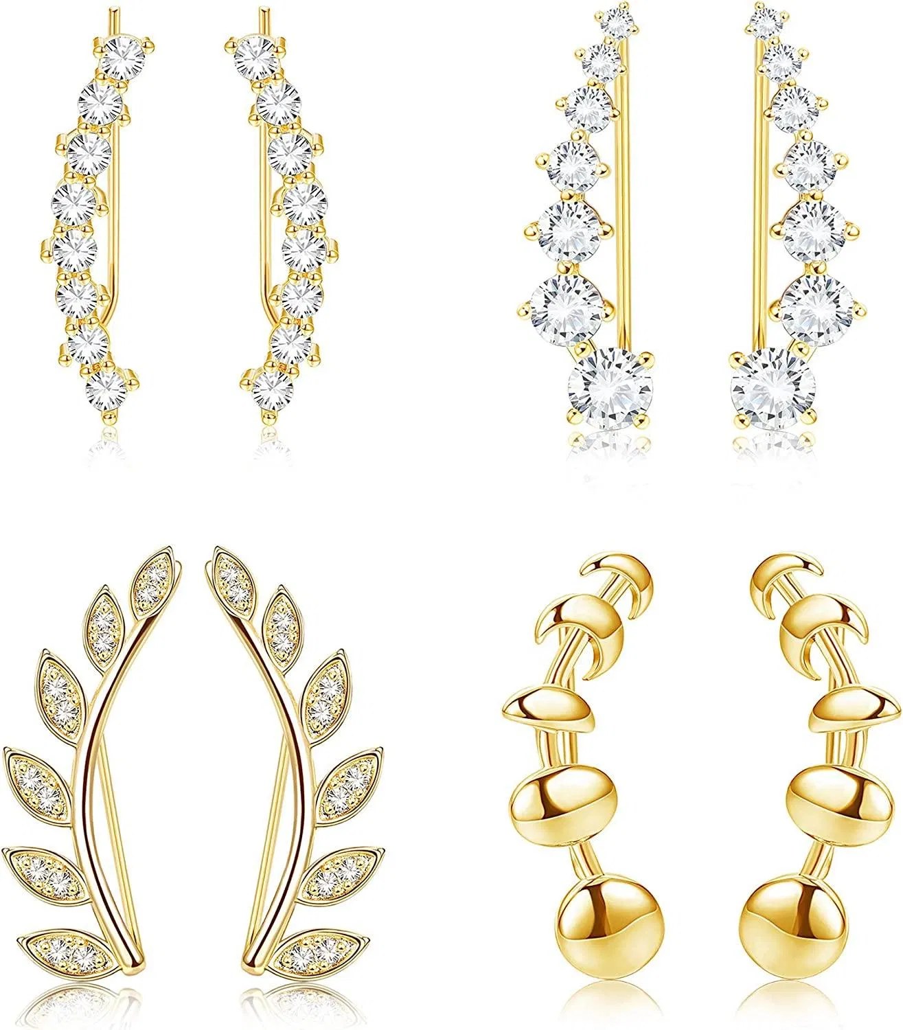 4Pairs Ear Cuffs Hoop Climber Earrings Cubic Zirconia Crawler Earrings Stud Ear Climber Jackets - Grocery