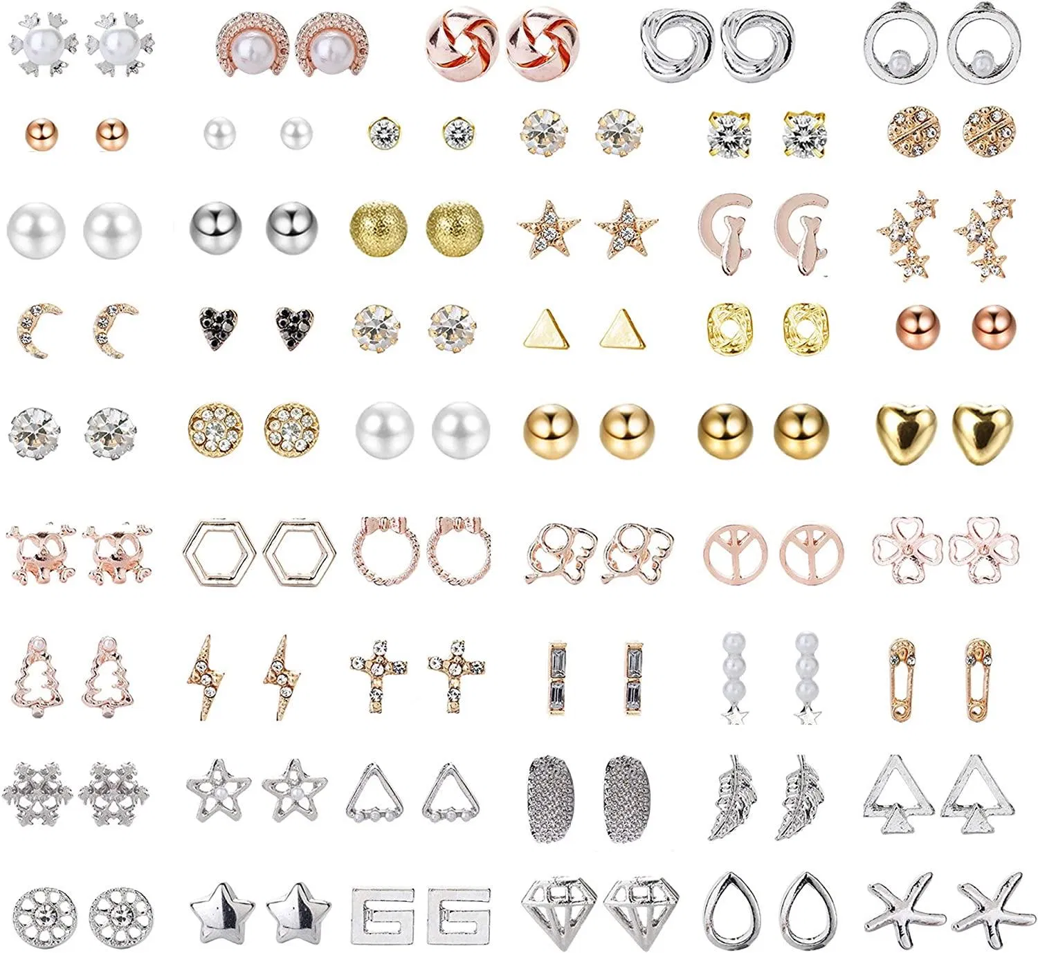 53 Pairs Assorted Multiple Stud Earrings Set for Women Triangle Square Circle Bar Star Moon Geometric Leaf Arrow Bow CZ Ball Faux Pearl Earrings Set - Grocery