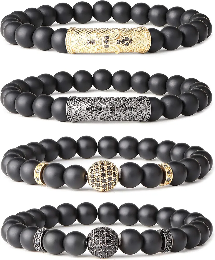 4PCS 8MM Bead Charm Bracelet for Men Women Matte Onyx Stone Beaded Bracelet; 7.5