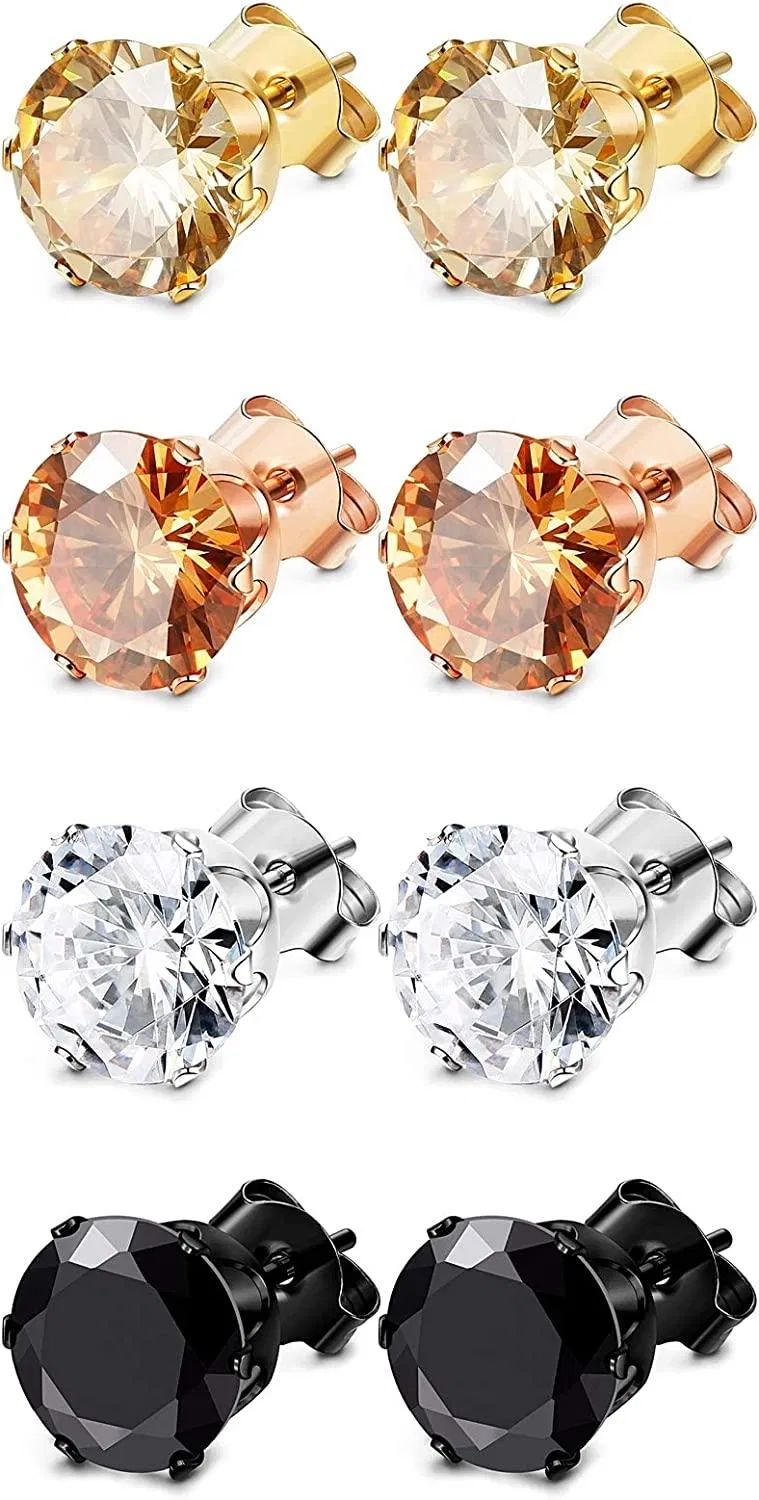 4 Pairs Stainless Steel Stud Earrings for Women Men Hypoallergenic Sparkle Cubic Zircornia Stud Earrings Set Ear Piercing 8mm - Grocery