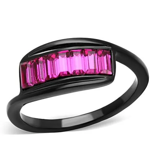 TK1664 - IP Black(Ion Plating) Stainless Steel Ring with Top Grade Crystal in Fuchsia - Grocery