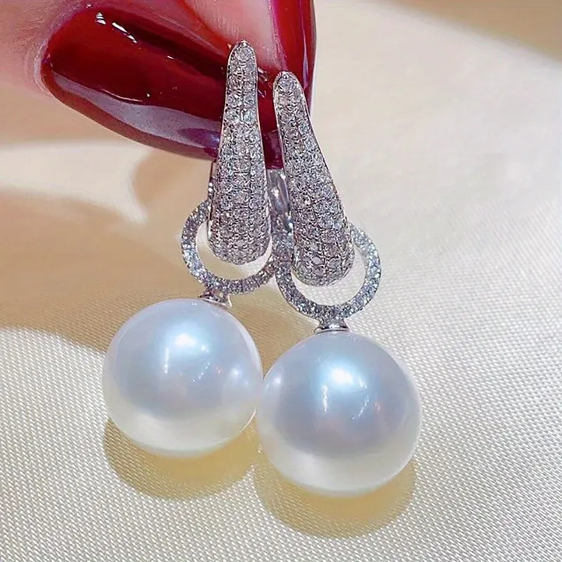 Luxury Ladies Shiny Zircon Earrings 925 Silver Plated Faux Pearl Pendant Delicate Design Accessories For Wedding Ceremony Jewelry Gift - Grocery