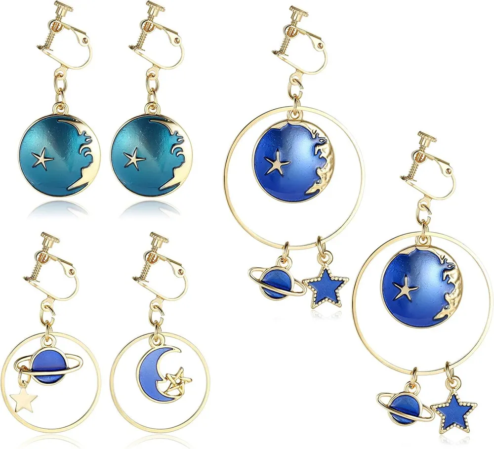 3 Pairs Clip on Earrings for Women Asymmetric Earth Star Moon Hoop Drop Dangle Earrings Set Non Pierced Aesthetic Moon Star Clip Earrings Women - Grocery