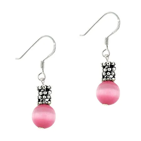 Sterling Silver Pink Cats Eye & Bali Bead Dangle Earrings - Grocery