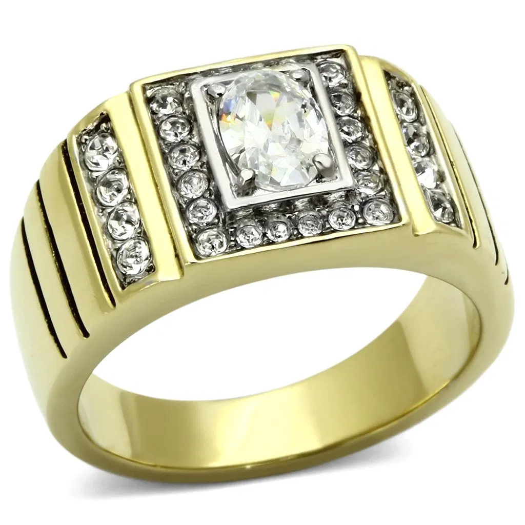 TK755 - Two-Tone IP Gold (Ion Plating) Stainless Steel Ring with AAA Grade CZ in Clear - Grocery