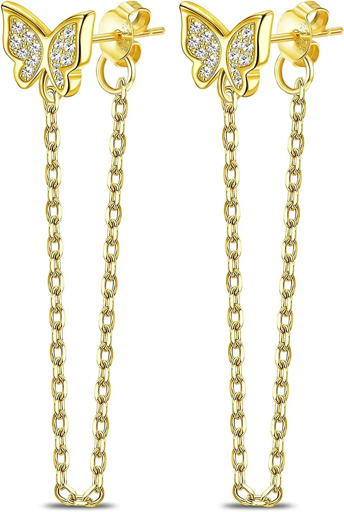 925 Sterling Silver Butterfly Chain Stud Earrings for Women 14K Gold Plated Drop Chain Dangle Earrings Hypoallergenic Jewelry - Grocery