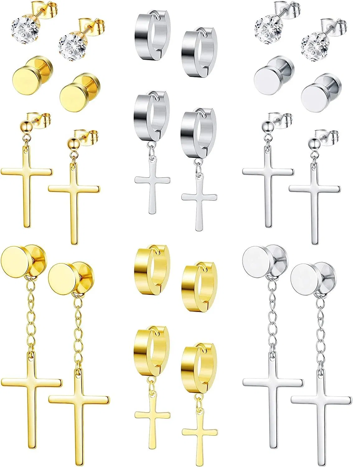 12 Pairs Stainless Cross Dangle Earrings Set for Men Hinged Hoop Earrings Punk Huggie CZ Stud Earrings - Grocery