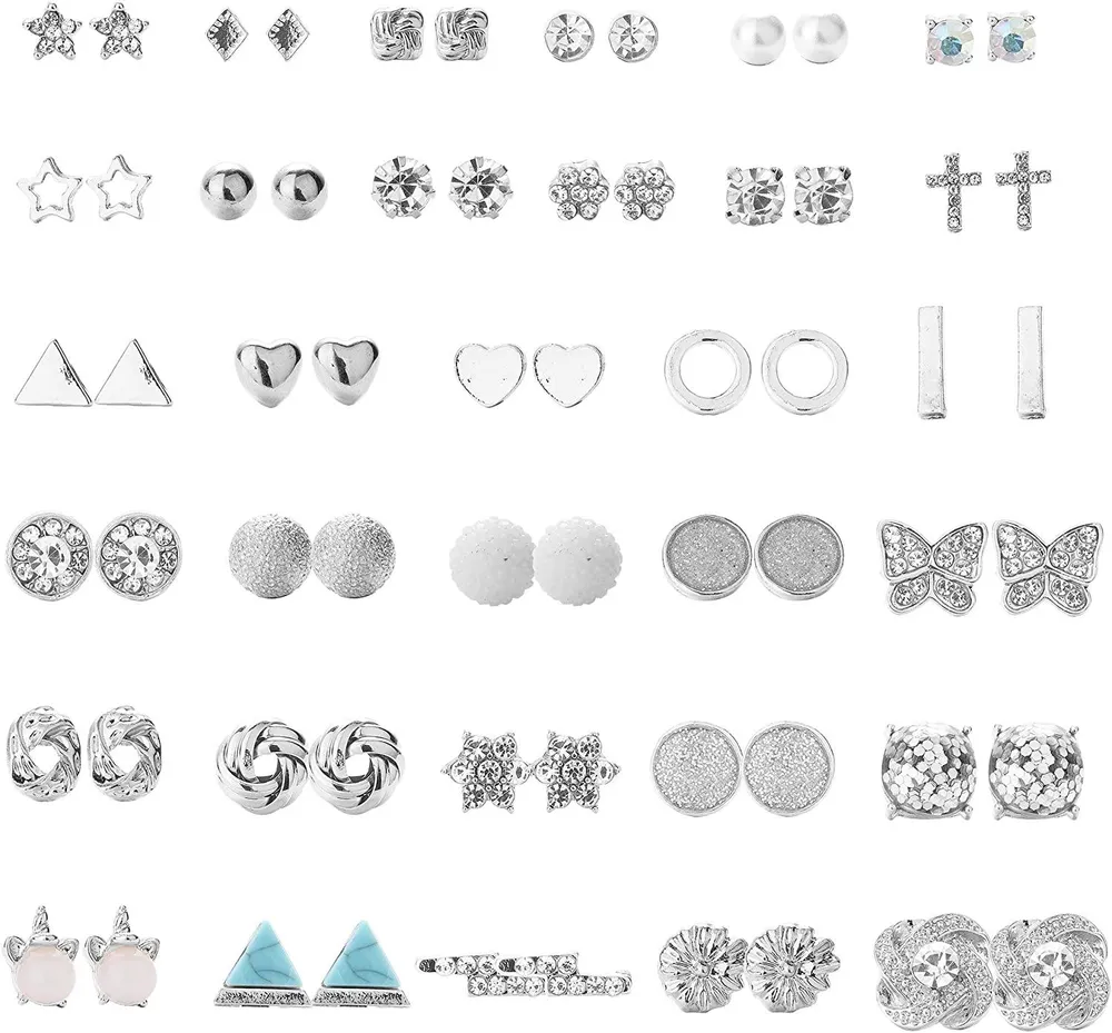 32 Pairs Assorted Stainless Stud Earrings for Women Faux Druzy Star CZ Twise Heart Mixed Boho Earrings Set for Multiple Piercing - Grocery