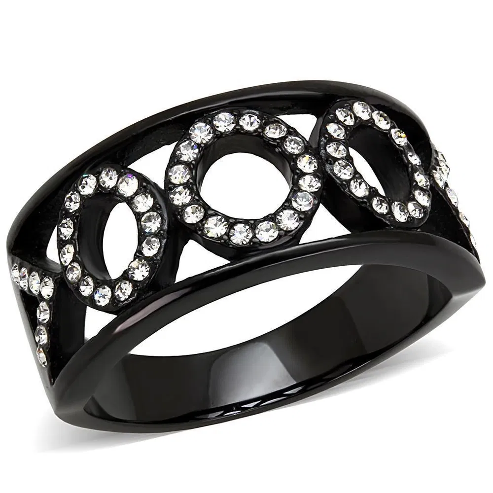TK3046 - IP Black(Ion Plating) Stainless Steel Ring with Top Grade Crystal in Clear - Grocery