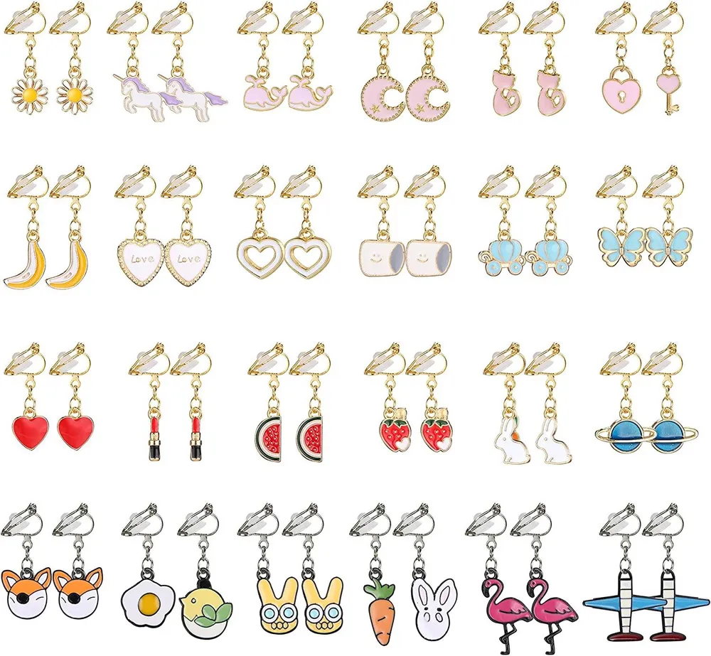 24 Pairs Clip on Earrings Heart Butterfly Bunny Moon Unicorn Earrings Cute Animal Earrings Princess Play Set Gifts for Women Teens - Grocery