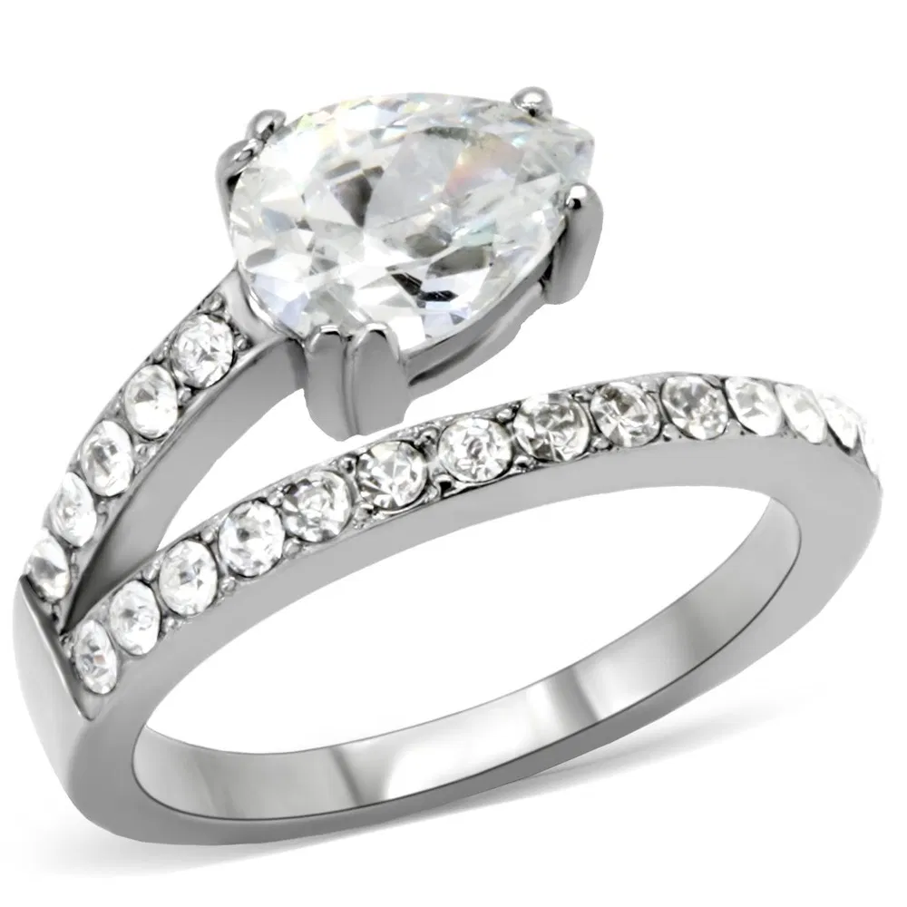 TK166 - High polished (no plating) Stainless Steel Ring with AAA Grade CZ in Clear - Grocery
