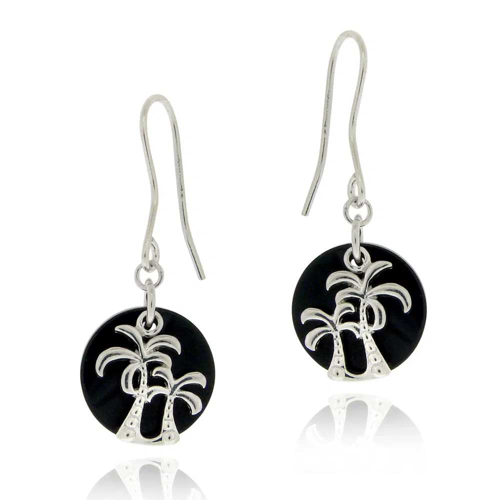 Sterling Silver Onyx & Palm Tree Dangle Earrings - Grocery