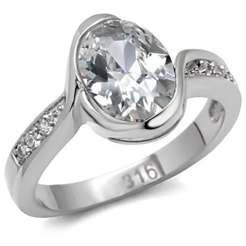TK064 - High polished (no plating) Stainless Steel Ring with AAA Grade CZ in Clear - Grocery