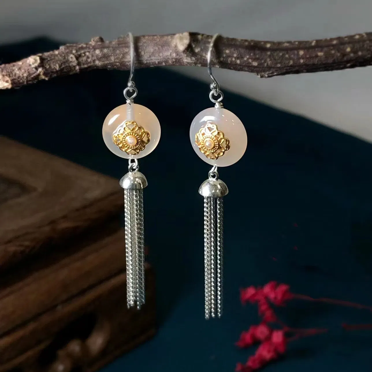 S925 White Chalcedony Tassel Earrings Silver Earrings Women's Jewelry - Grocery