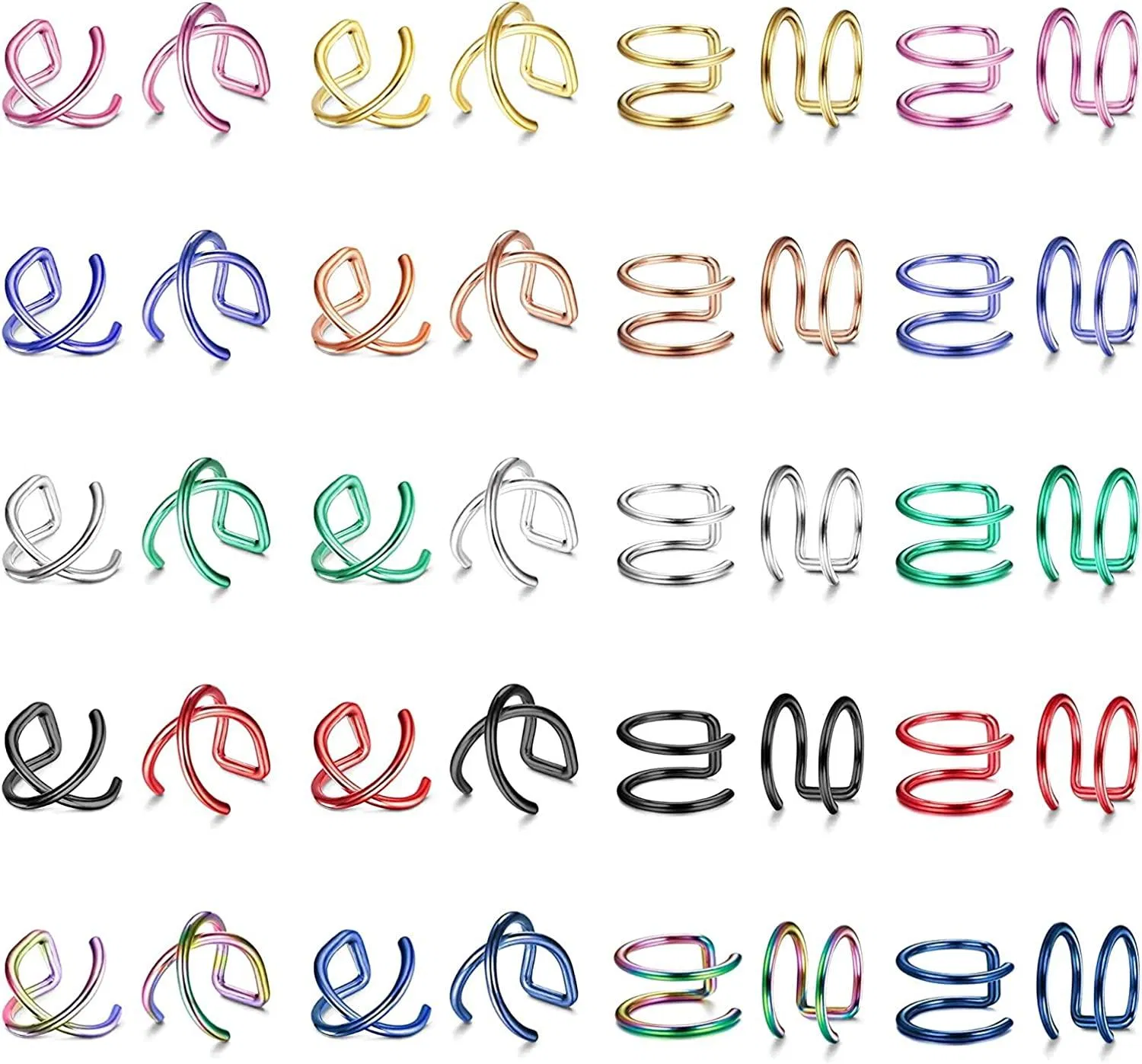 Ear Cuffs Stainless Fake Helix Cartilage Earrings for Women; Criss Cross Double Lines Ear Cuffs; Adjustable No Piercing Colorful Clip On Earrings Set - Grocery