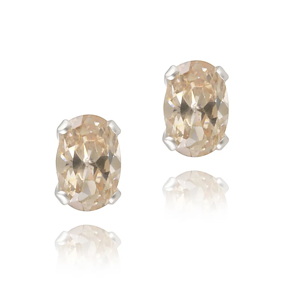 Sterling Silver Champagne CZ 6x4mm Oval Stud Earrings - Grocery