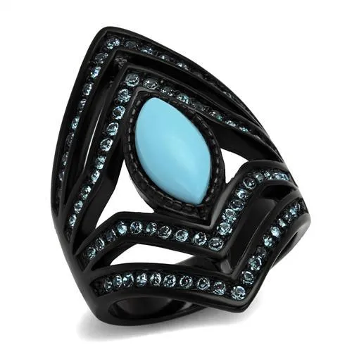 TK2482 - IP Black(Ion Plating) Stainless Steel Ring with Synthetic Turquoise in Sea Blue - Grocery