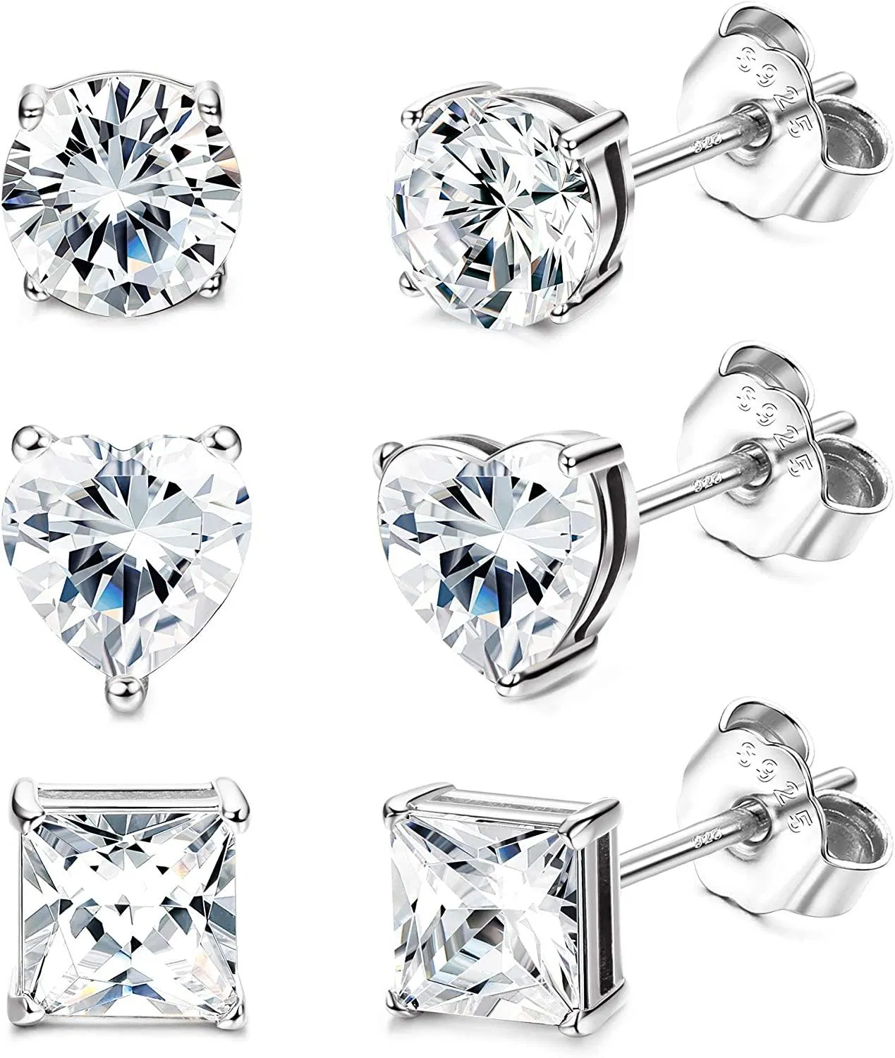 3Pairs Sterling Silver Stud Earrings For Women Pink Cubic Zirconia Stud Earrings Cute Heart Shaped Round Cut Princess Cut CZ Studs - Grocery