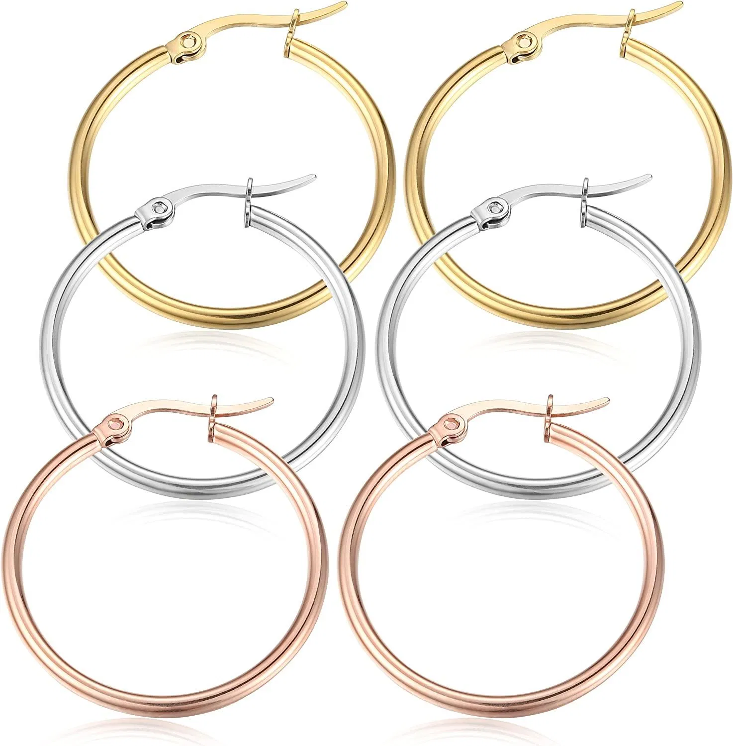 Stainless Hoop Earrings for Women Huggie 3 Pairs a Set 30MM - Grocery