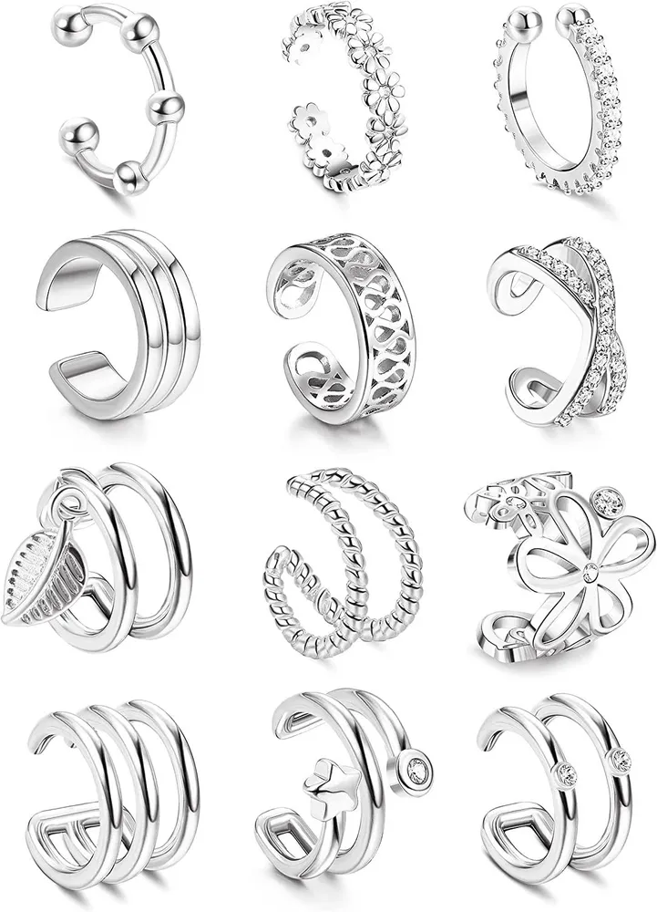 12Pcs Ear Cuffs for Women Non Piercing Adjustable Dainty Helix Cartilage Clip On Wrap Cuff Earring Set - Grocery
