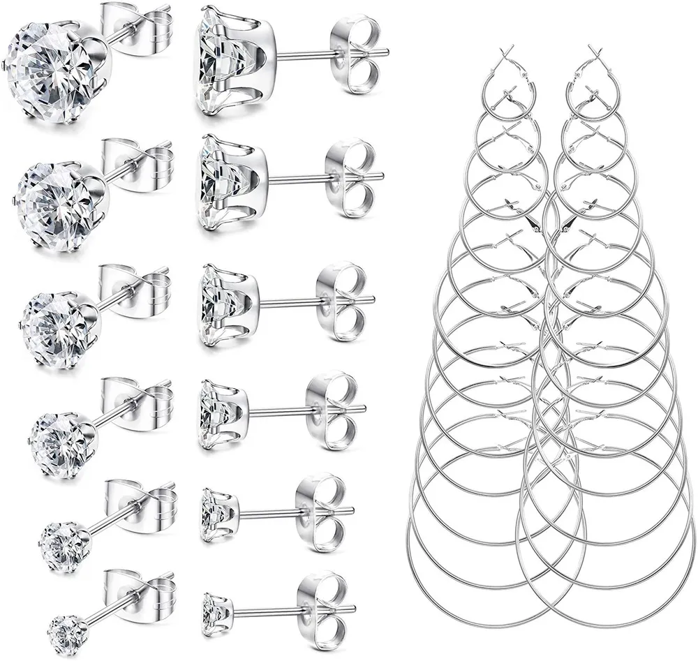 18 Pairs Stud Earrings Hoop Earrings Set for Women Hypoallergenic Stainless Steel Studs With Cubic Zirconia 3-8mm Round Circle Endless Hoops 2.5-7cm Pack - Grocery
