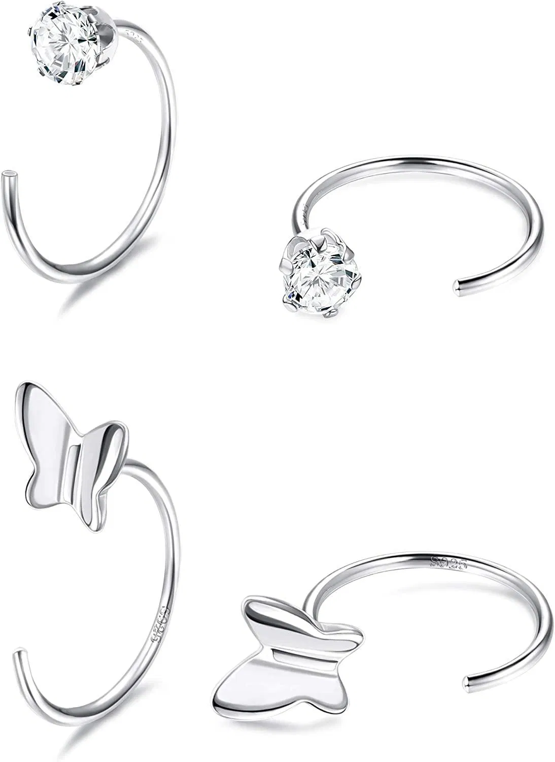 4Pcs Sterling Silver Cuff Stud Earrings Mini Stick T Bar Half Huggie Hoop Earrings Ball Nose Rings Star Moon Half Studs Cartilage Earrings for Women Men - Grocery