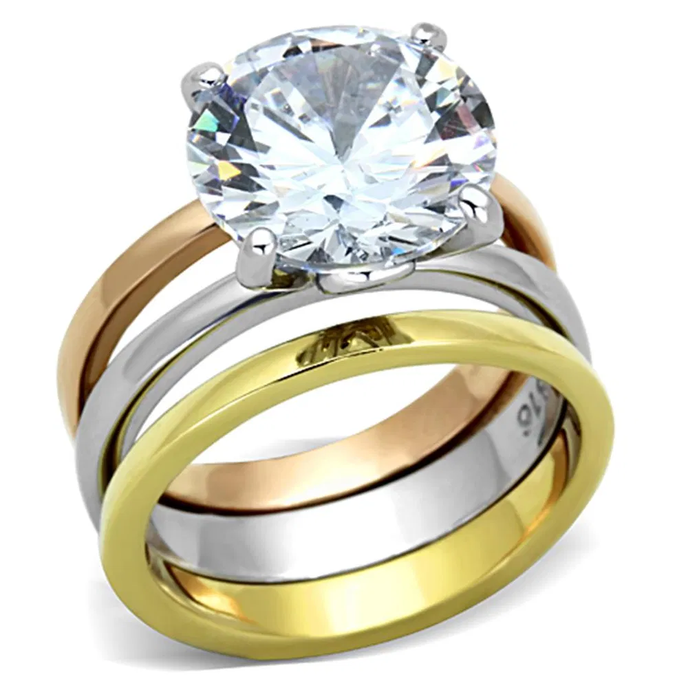 TK963 - Three Tone (IP Gold & IP Rose Gold & High Polished) Stainless Steel Ring with AAA Grade CZ in Clear - Grocery