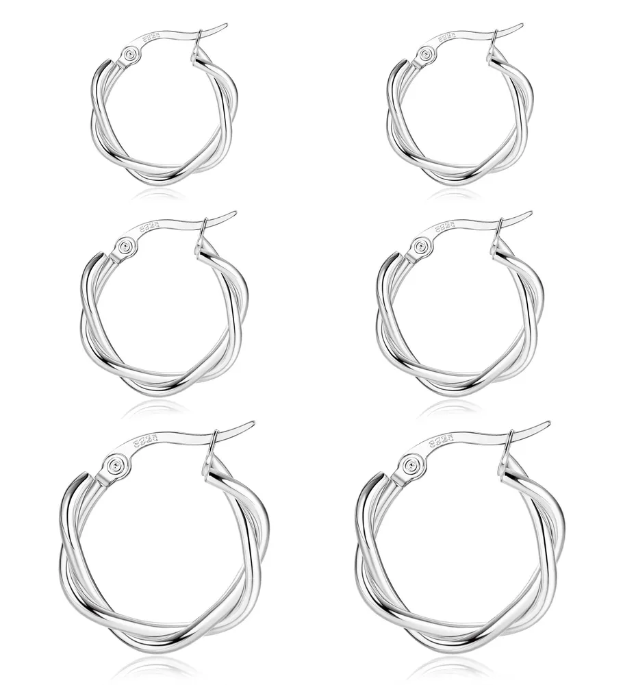 3 Pairs Sterling Silver 925 Hoop Earrings for Women Girl Earrings Hypoallergenic Sleeper Twist Hoops Earrings Diameter 13mm/15mm/20mm - Grocery