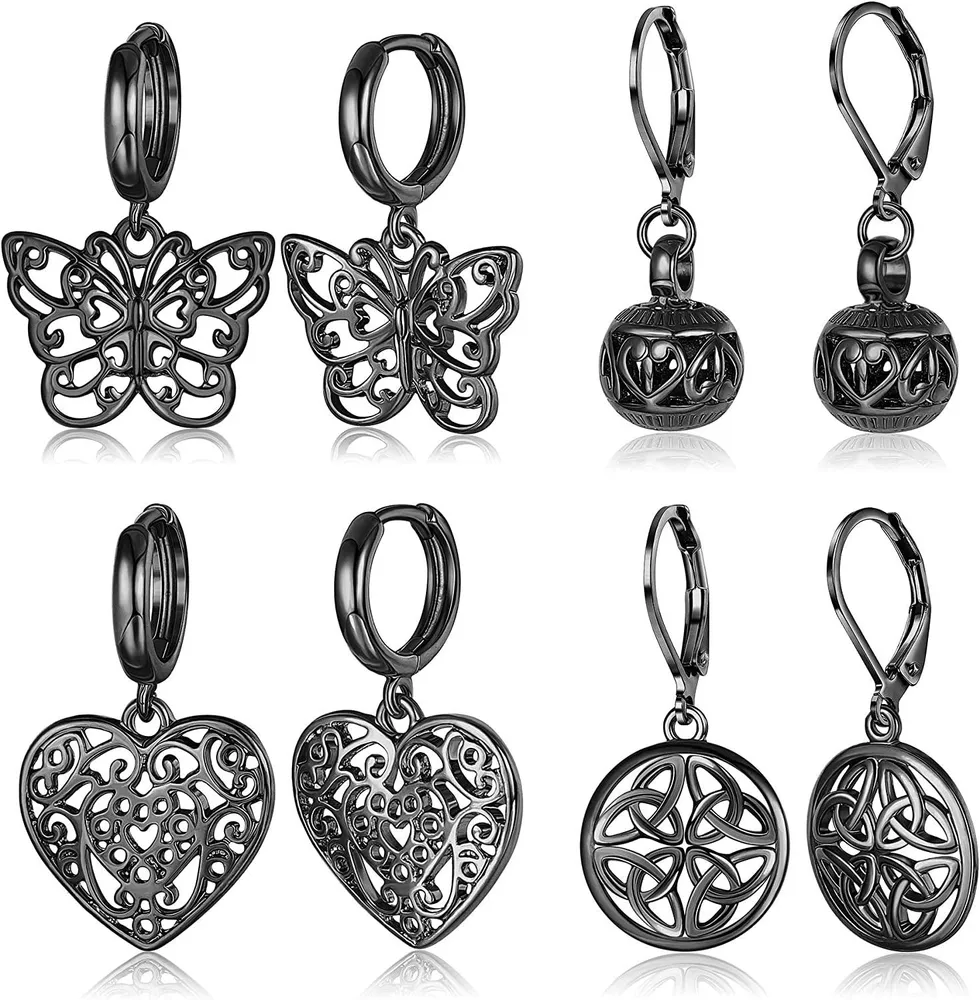 4 Pairs Filigree Dangle Earrings for Women Butterfly Heart Drop Earrings Hollow Leverback Earrings - Grocery