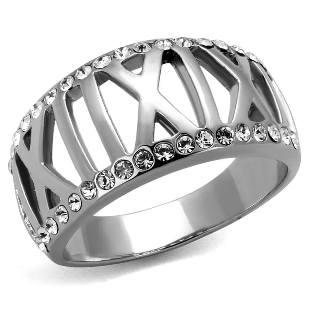 TK2257 - High polished (no plating) Stainless Steel Ring with Top Grade Crystal in Clear - Grocery