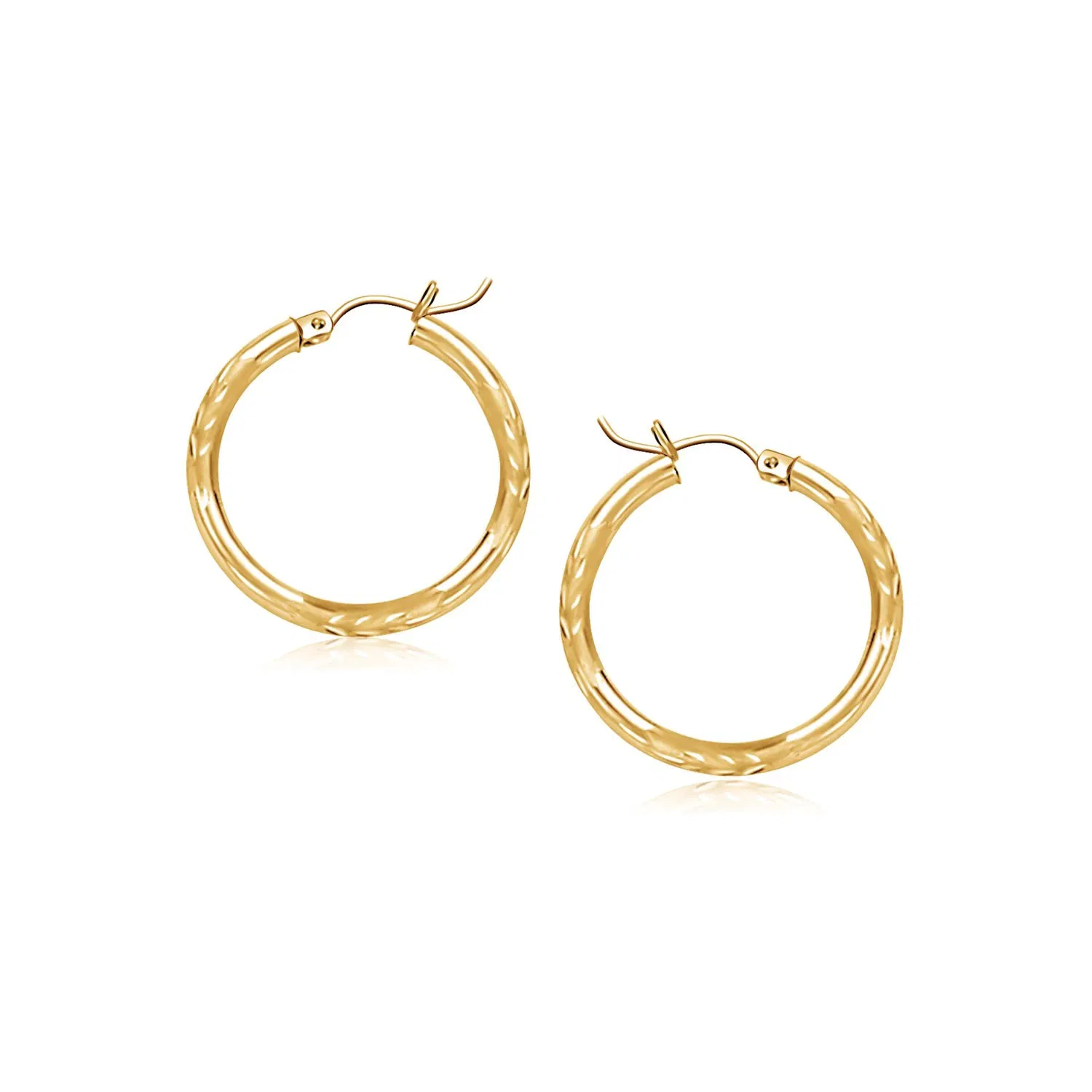 14k Yellow Gold Fancy Diamond Cut Slender Small Hoop Earrings (2x15mm) - Grocery