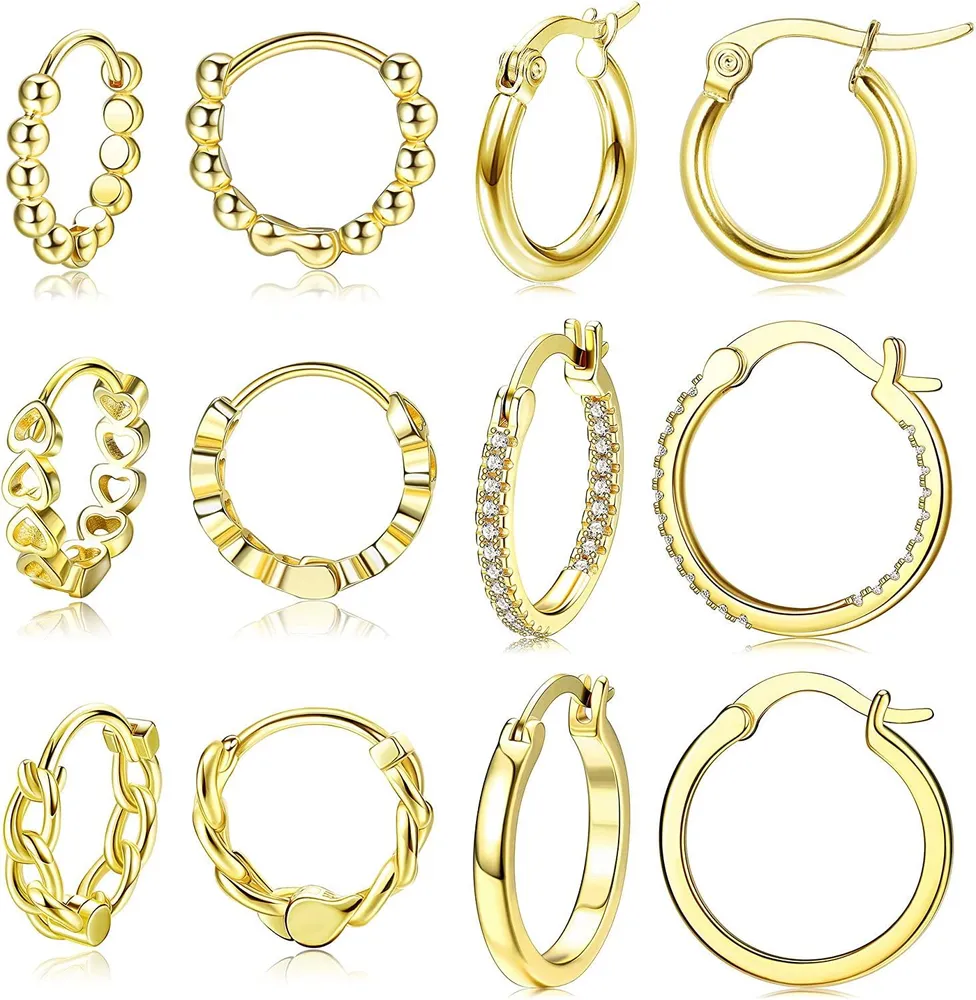 6 Pairs Stainless Small Hoop Earrings for Women Men Minimalist Heart Hoops Mini Link Hoops Cubic Zirconia Huggie Hoop Earrings Ear Piercing Set - Grocery