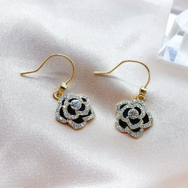 Rhinestone Alloy Women's Earrings Delicate Camellia Geometric Retro Versatile - Grocery