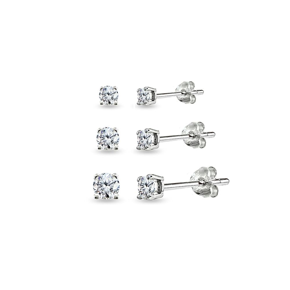 3 Pair Set Round Cubic Zirconia Stud Earrings in 925 Silver, 3mm 4mm 5mm - Grocery