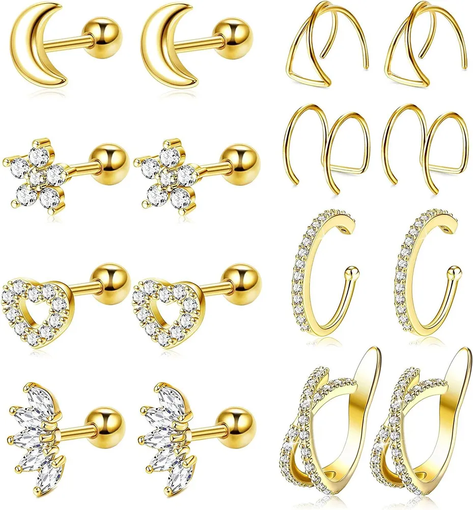 8 Pairs 16G Stainless Cartilage CZ Stud Earrings for Women Helix Tragus Daith Piercing Cubic Zirconia Ear Cuff Clip on Earrings Set - Grocery