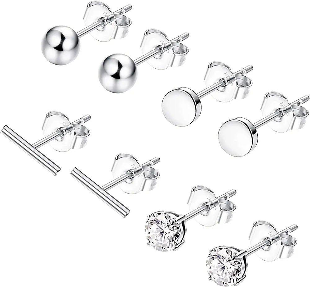 4 Pairs 925 Sterling Stud Earrings 18K Gold Plated Disc Ball Bar Cubic Zirconia Stud Earrings Minimalistic Stud Earrings for Women Men - Grocery