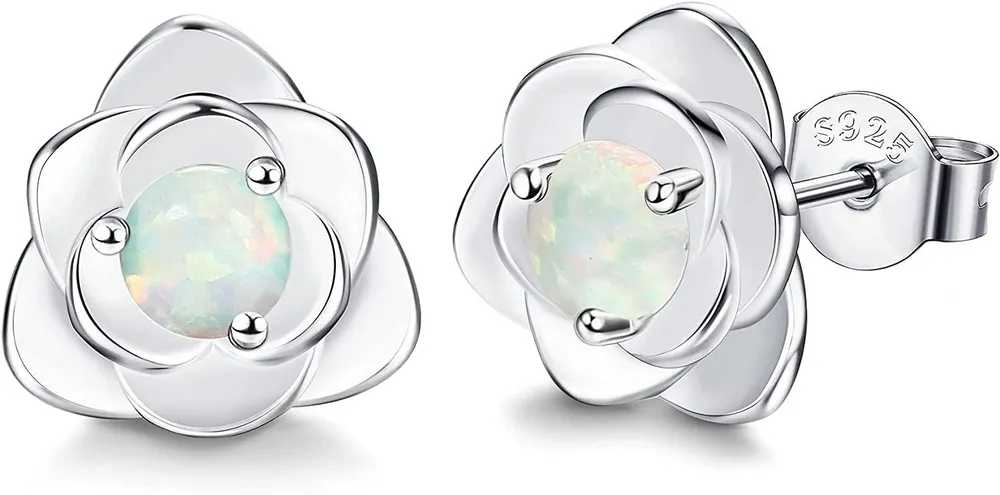 925 Sterling Silver Rose Flower Earrings Studs Exquisite CZ Stud Earrings for Women 18K White Gold Plated Opal Stud Earrings for Women Men - Grocery