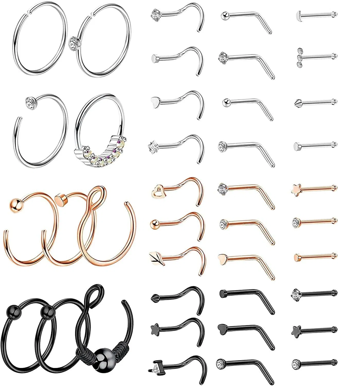40 Pcs 20G Nose Rings for Women Men Nose Rings Hoops Zircon Inlaid Stainless Screw L Shape Nose Piercing Jewelry - Grocery