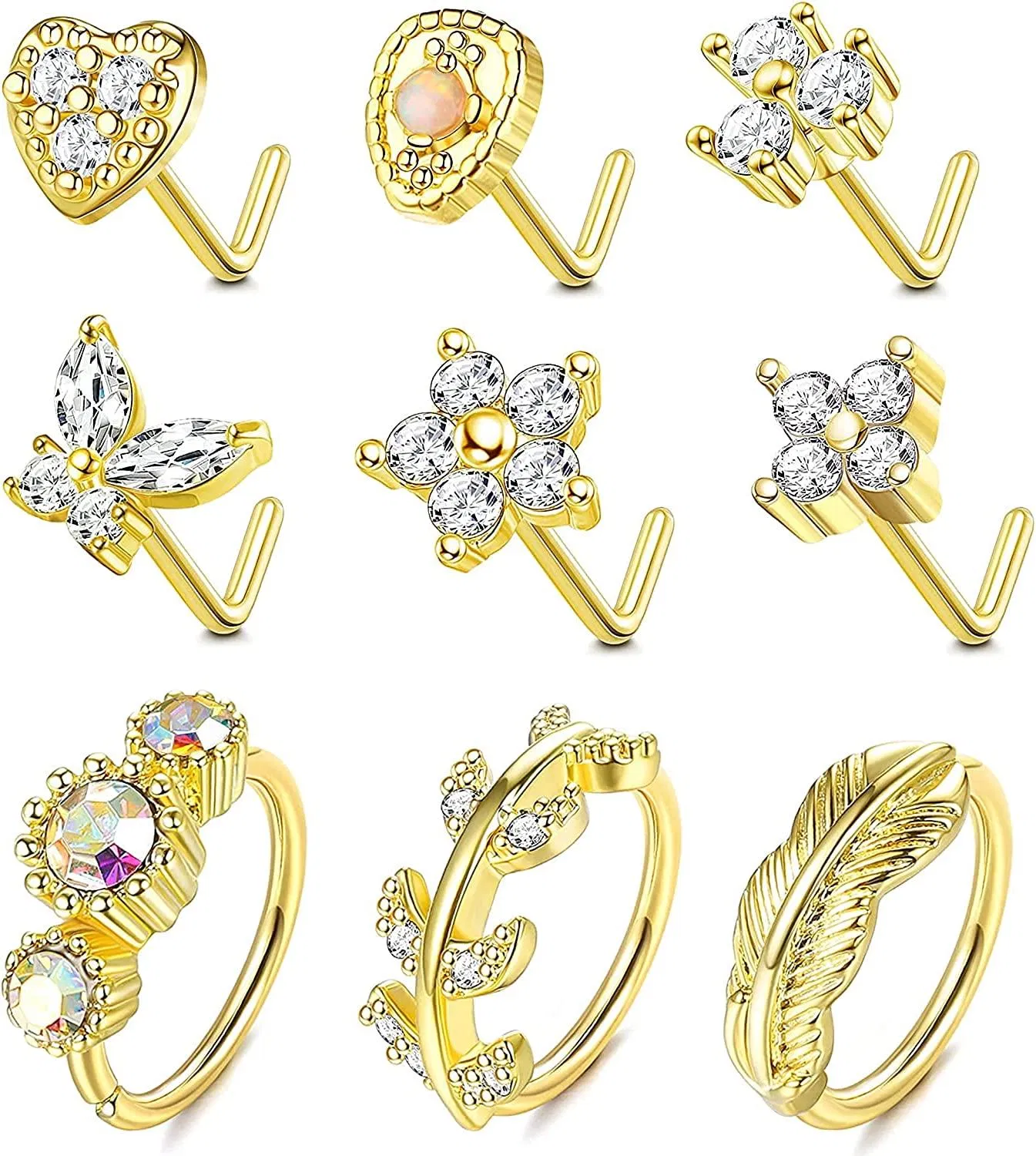 9Pcs Nose Rings for Women 20G Nose Rings Hoops Studs Cute Nose Piercing - Grocery
