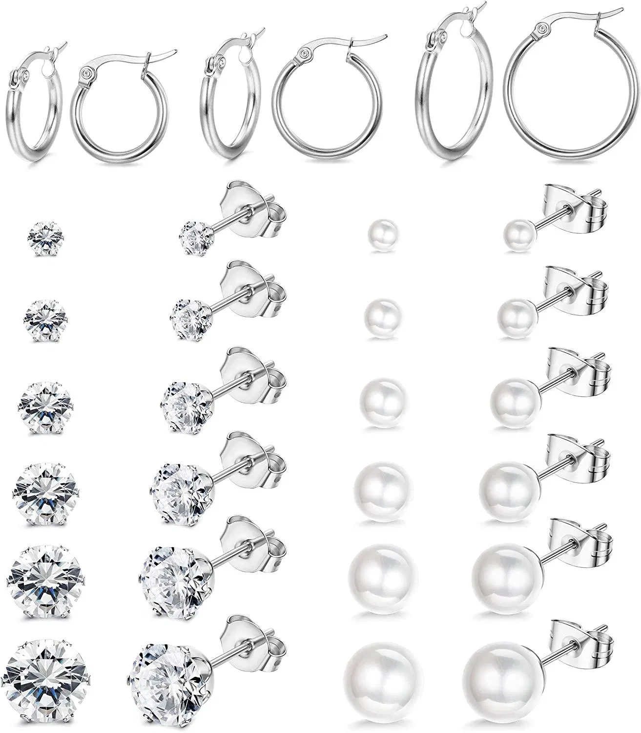 15pairs Stud Earrings for Women Hoop Earrings Stainless Flat Ball Fake Pearl CZ Earring Set; Sliver Tone - Grocery