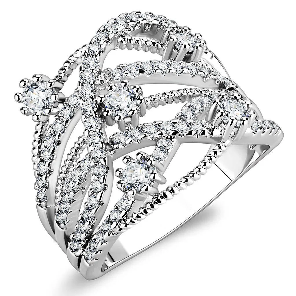 3W1463 - Rhodium Brass Ring with AAA Grade CZ in Clear - Grocery