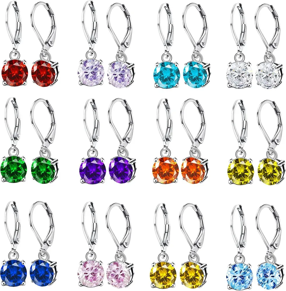 12Pairs Birthstone Leverback Dangle Earrings Set for Women 8MM Cubic Zirconia Drop Dangle Earrings Stainless Dangle Earrings Set - Grocery