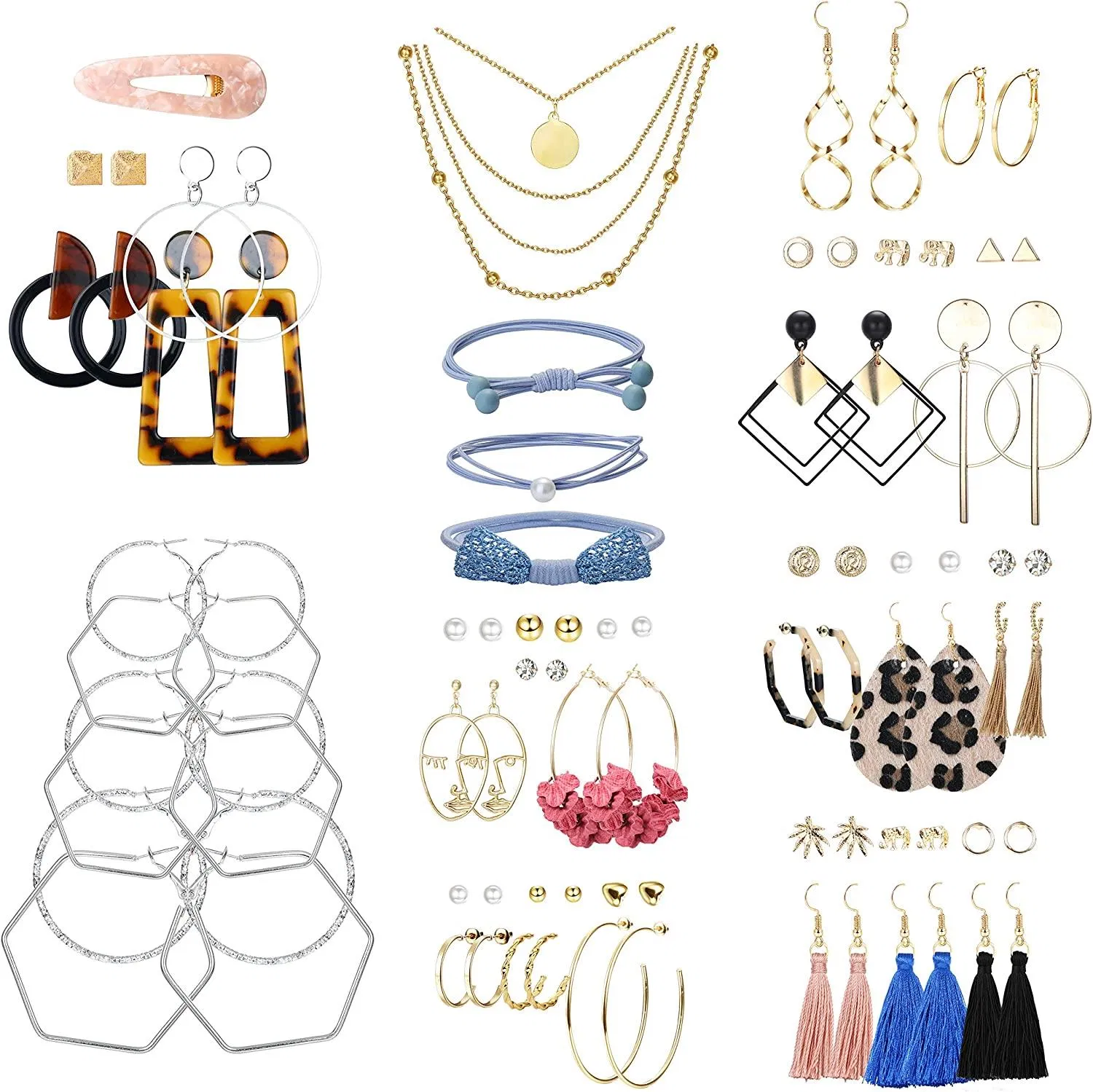 Fashion Earrings Set for Women Bohemian Tassel Earrings Set Acrylic Geometric Earrings Faux Pearl Hoop Earrings Layered Necklace Hair Clip for Women - Grocery