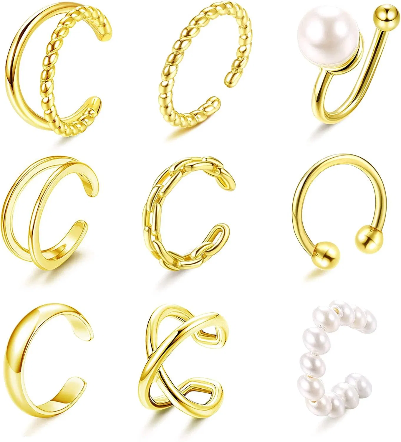 9 Pcs Ear Cuffs for Non-Pierced Danity Pearl Twist Ear Clips Earrings for Women Fake Helix Cartilage Ear Clip On Earring Silver Gold Plated - Grocery