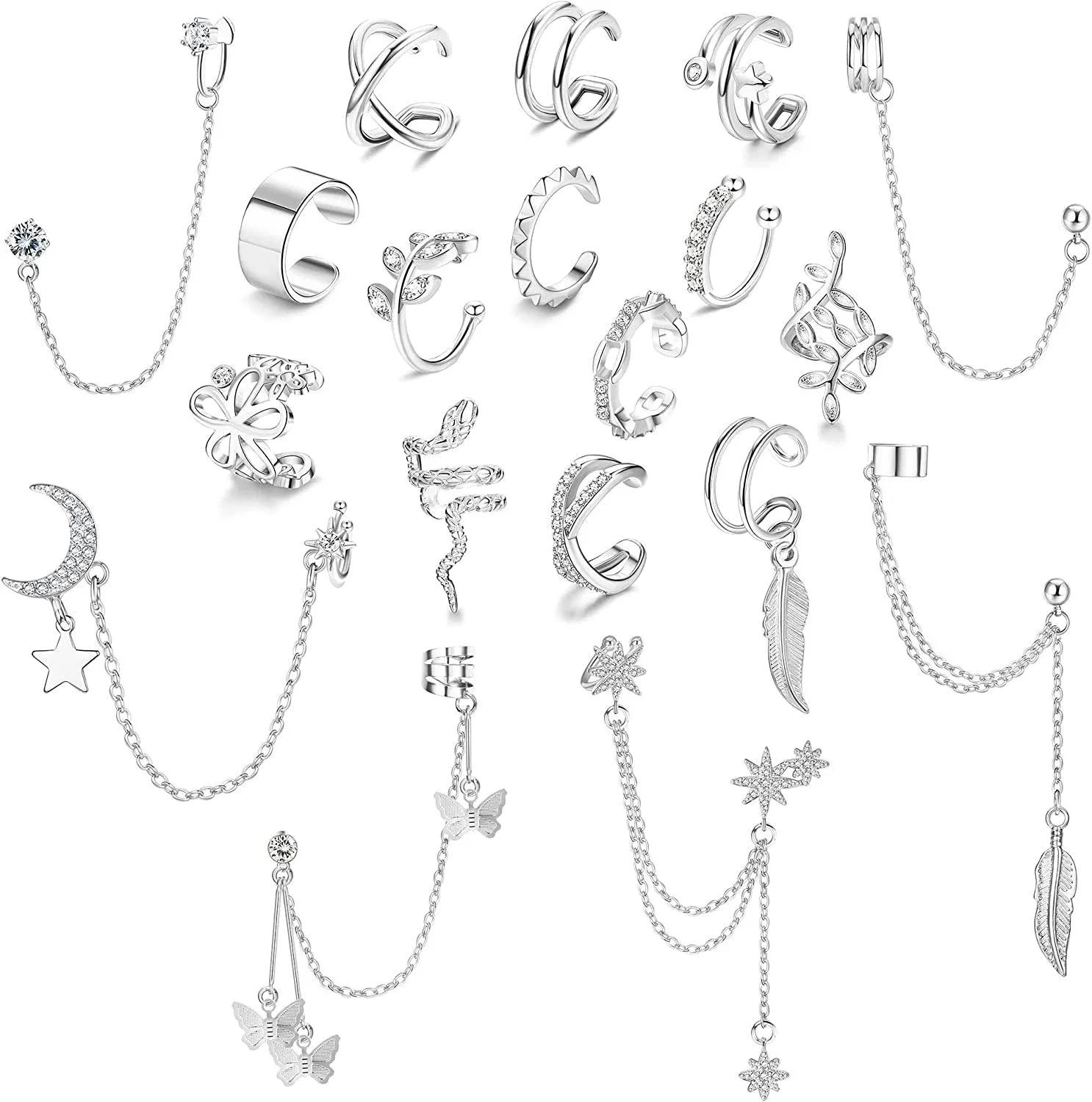 19Pcs Ear Cuffs Earrings Set for Women Non-Piercing Helix Cartilage Clip On Cuff Earrings Piercing Cuff Chain Earrings Jewelry - Grocery