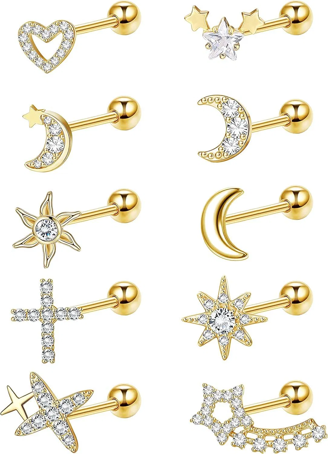 10Pcs Gold Cartilage Earrings for Women Men Stainless CZ Moon Flower Barbell Earrings Daith Conch Cartilage Piercing Helix Tragus Earrings Set 18G - Grocery