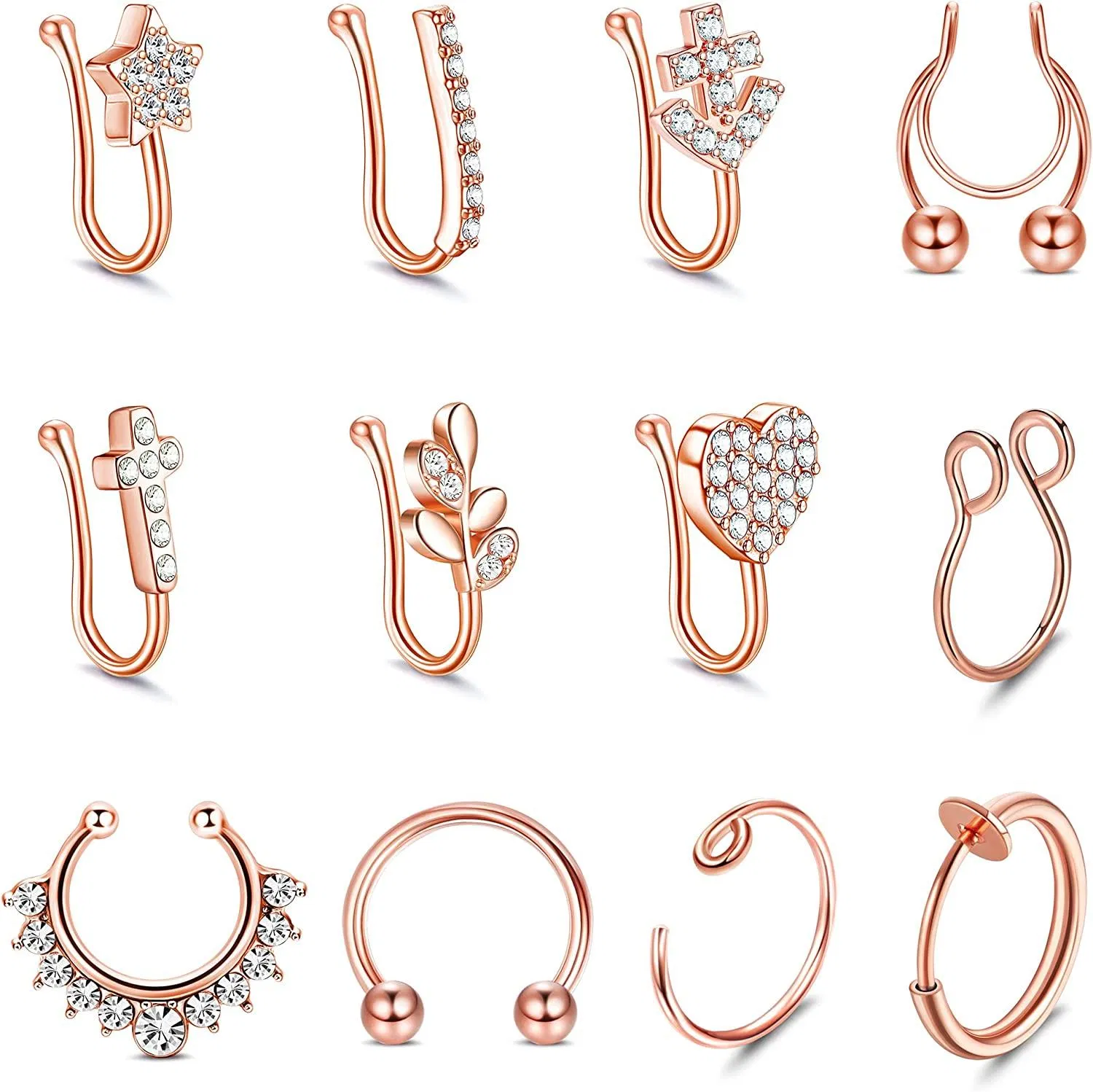 12PCS Fake Nose Rings Clip On Nose Ring Stainless Fake Lip Ear Nose Septum Rings Faux Non Piercing Nose Ring for Women Men - Grocery